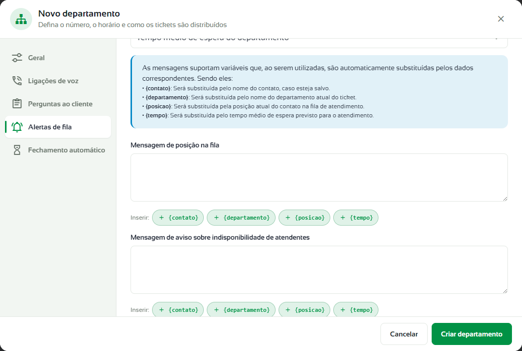 Mensagens de posição na fila e de indisponibilidade com os botões de variáveis