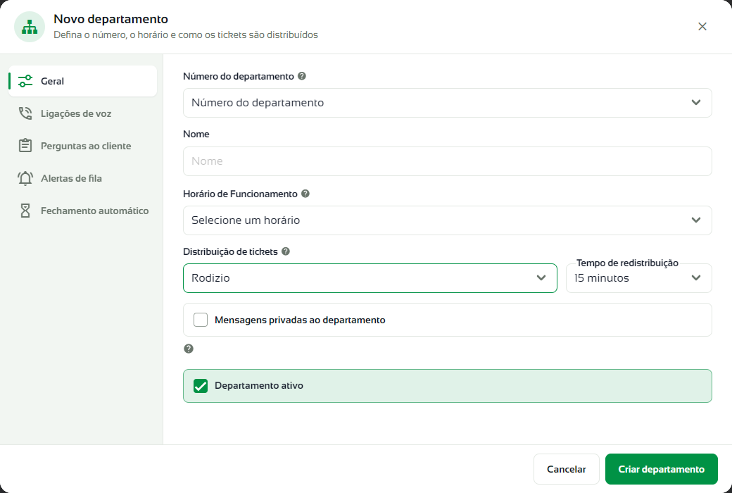 Distribuição de tickets em Rodizio com o campo Tempo de redistribuição