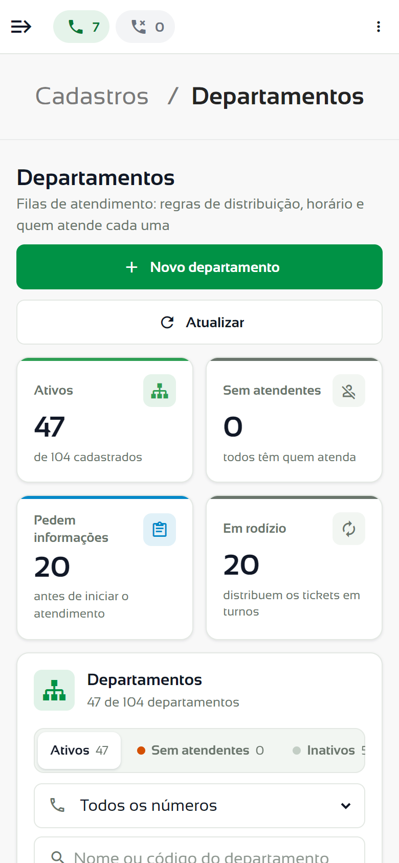 Tela de Departamentos no celular