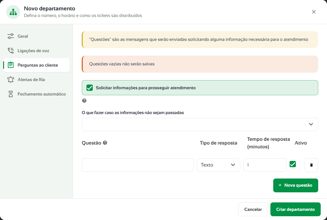 Aba Perguntas ao cliente com a opção Solicitar informações marcada e uma questão