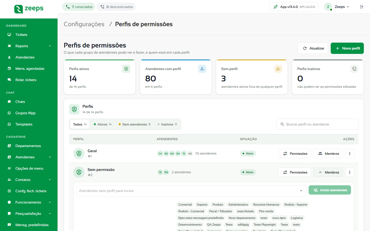 Membros de um perfil com o campo para incluir atendentes sem perfil