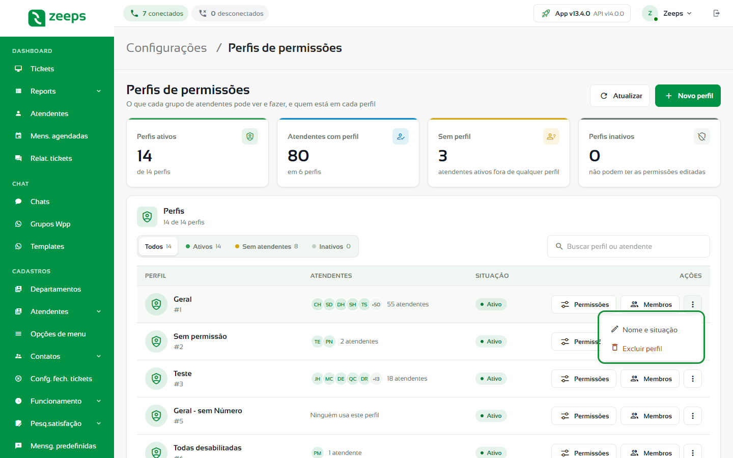 Menu de mais ações do perfil com Nome e situação e Excluir perfil