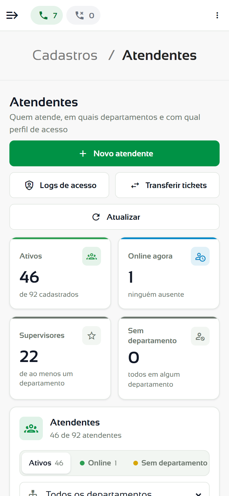 Tela de Atendentes no celular
