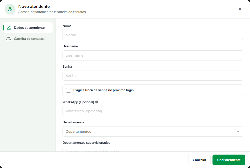 Aba Dados do atendente com nome, username, senha, WhatsApp e departamentos