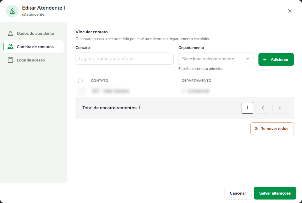 Aba Carteira de contatos com o campo de contato, o departamento e a lista de vínculos