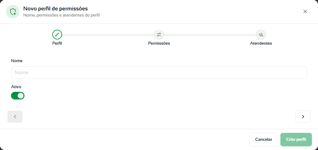 Passo Perfil do novo perfil de permissões com nome e ativo
