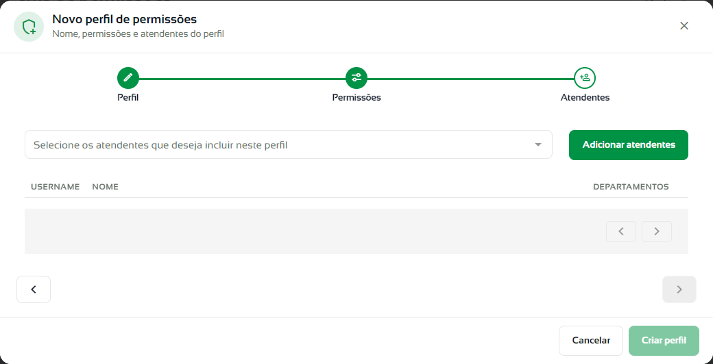 Passo Atendentes com a seleção de atendentes sem perfil