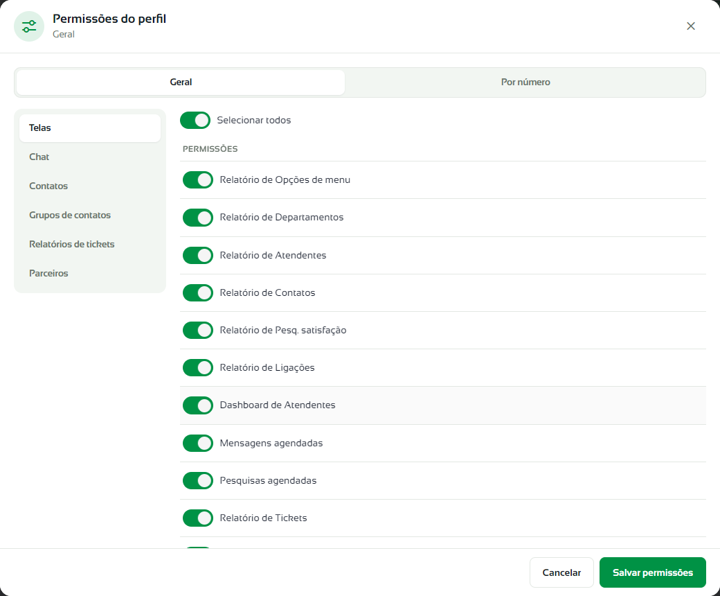 Permissões do perfil na aba Geral, grupo Telas