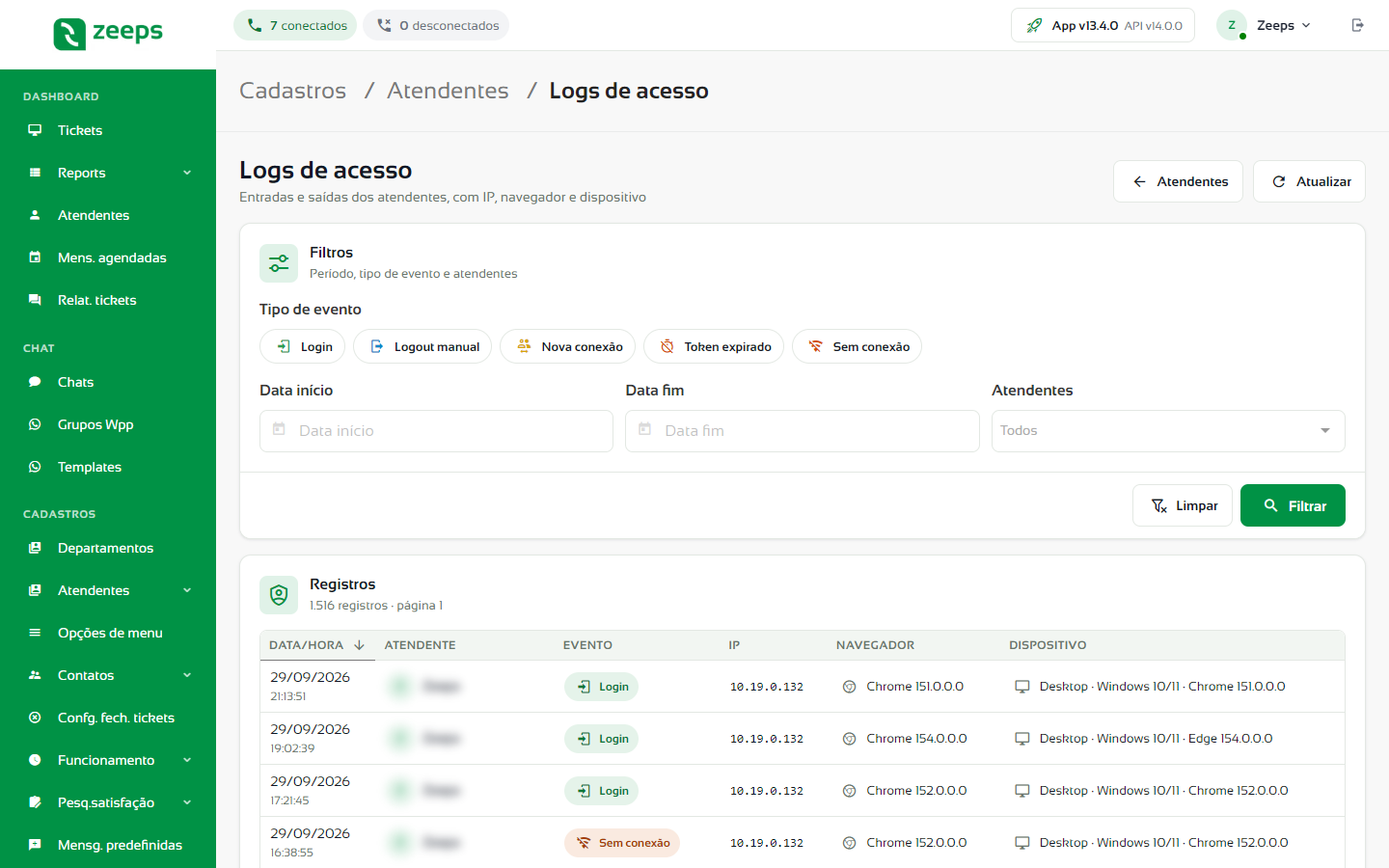 Tela Logs de acesso com os filtros de tipo de evento, período e atendentes