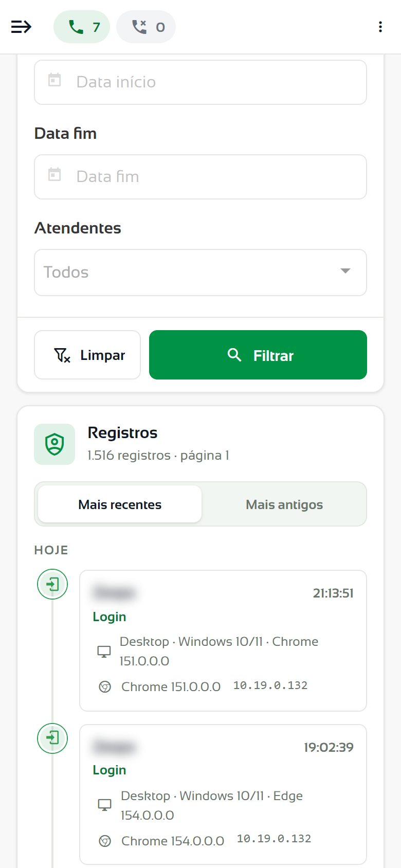Logs de acesso no celular em forma de linha do tempo