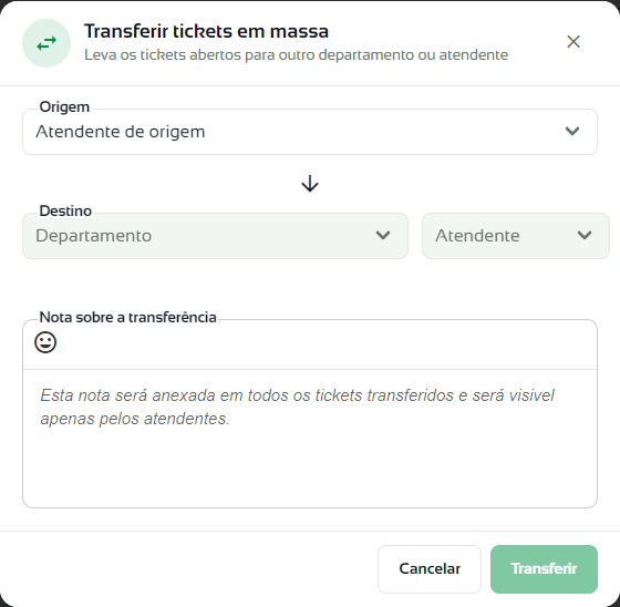 Janela Transferir tickets em massa com origem, destino e nota