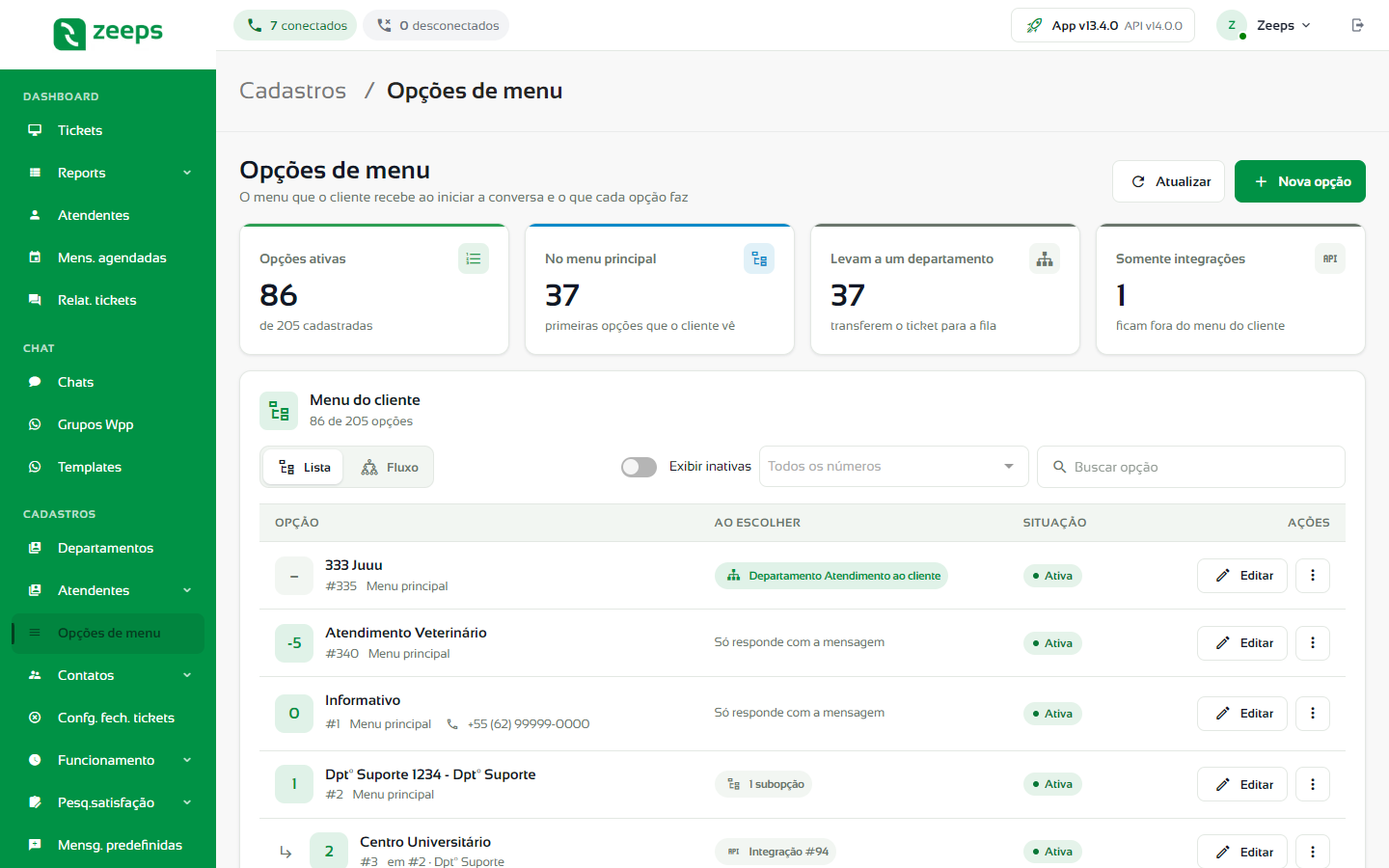 Tela Opções de menu com os cartões de resumo e a lista em árvore
