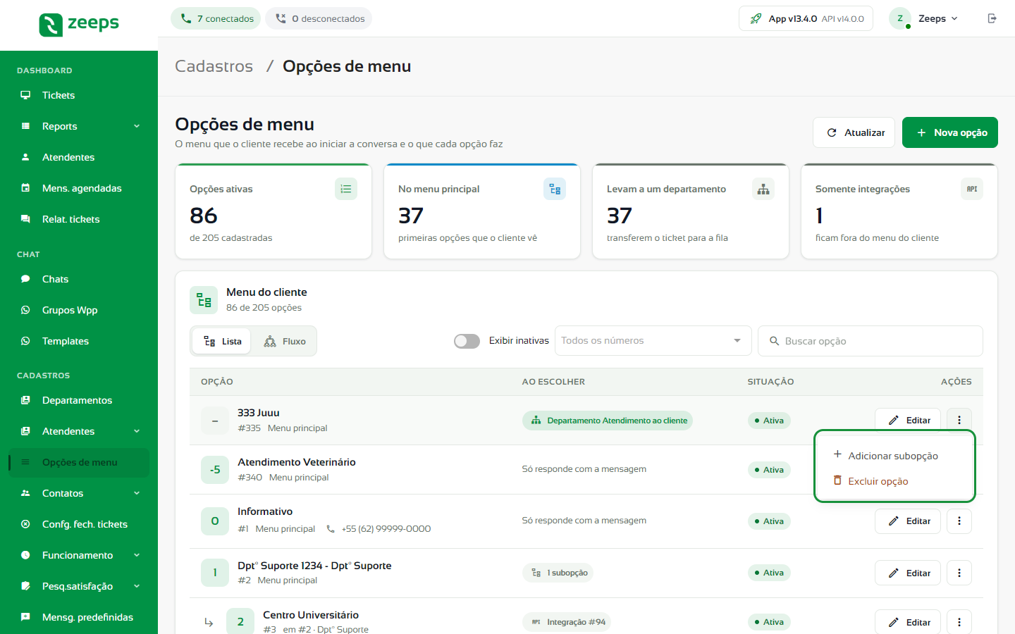 Menu de mais ações da opção com Adicionar subopção e Excluir opção