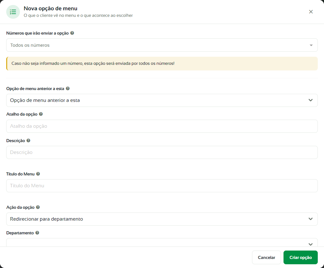 Início da janela Nova opção de menu com números, opção anterior, atalho, descrição e título