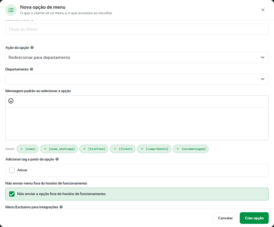 Ação Redirecionar para departamento com a mensagem padrão e as variáveis