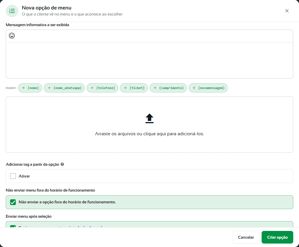 Opção informativa com a mensagem e a área de arquivos
