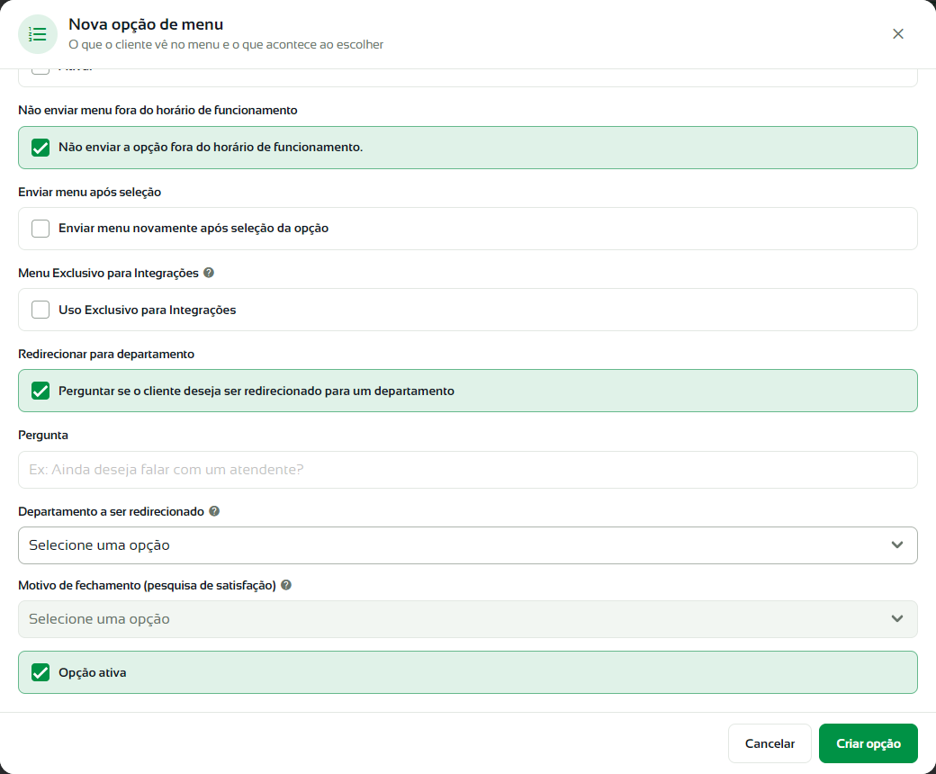 Opção informativa com a pergunta de redirecionamento para um departamento