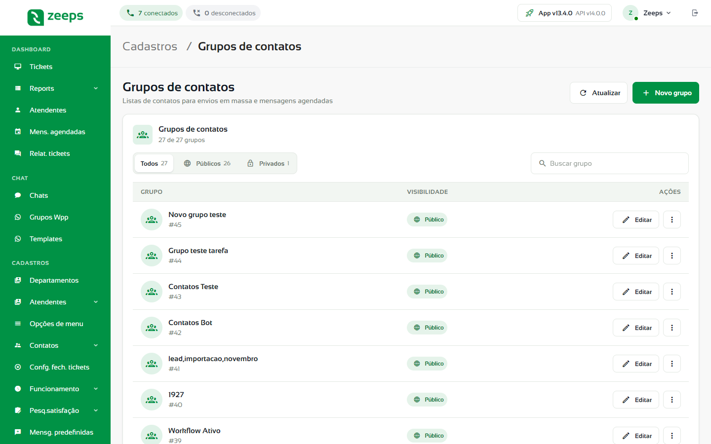 Tela Grupos de contatos com os filtros e a lista de grupos