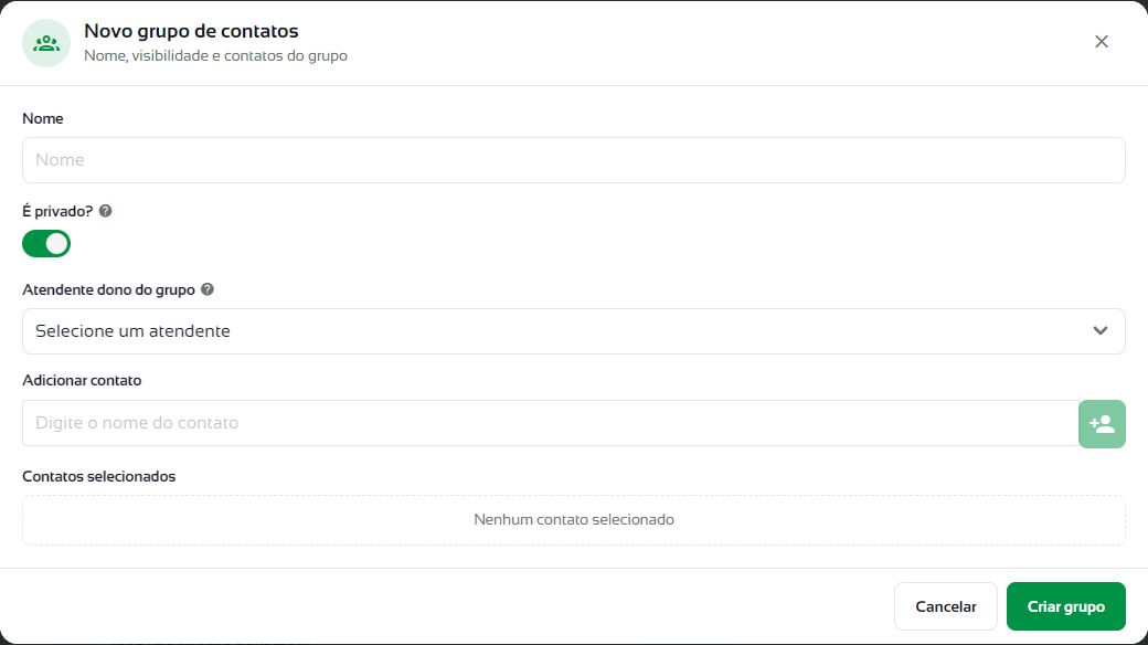 Janela Novo grupo de contatos com a opção É privado ligada