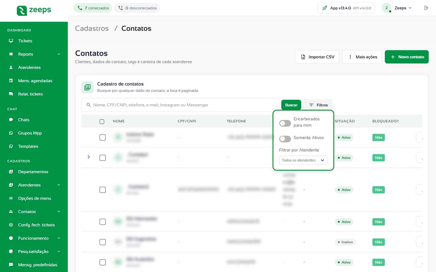 Filtros da lista de contatos