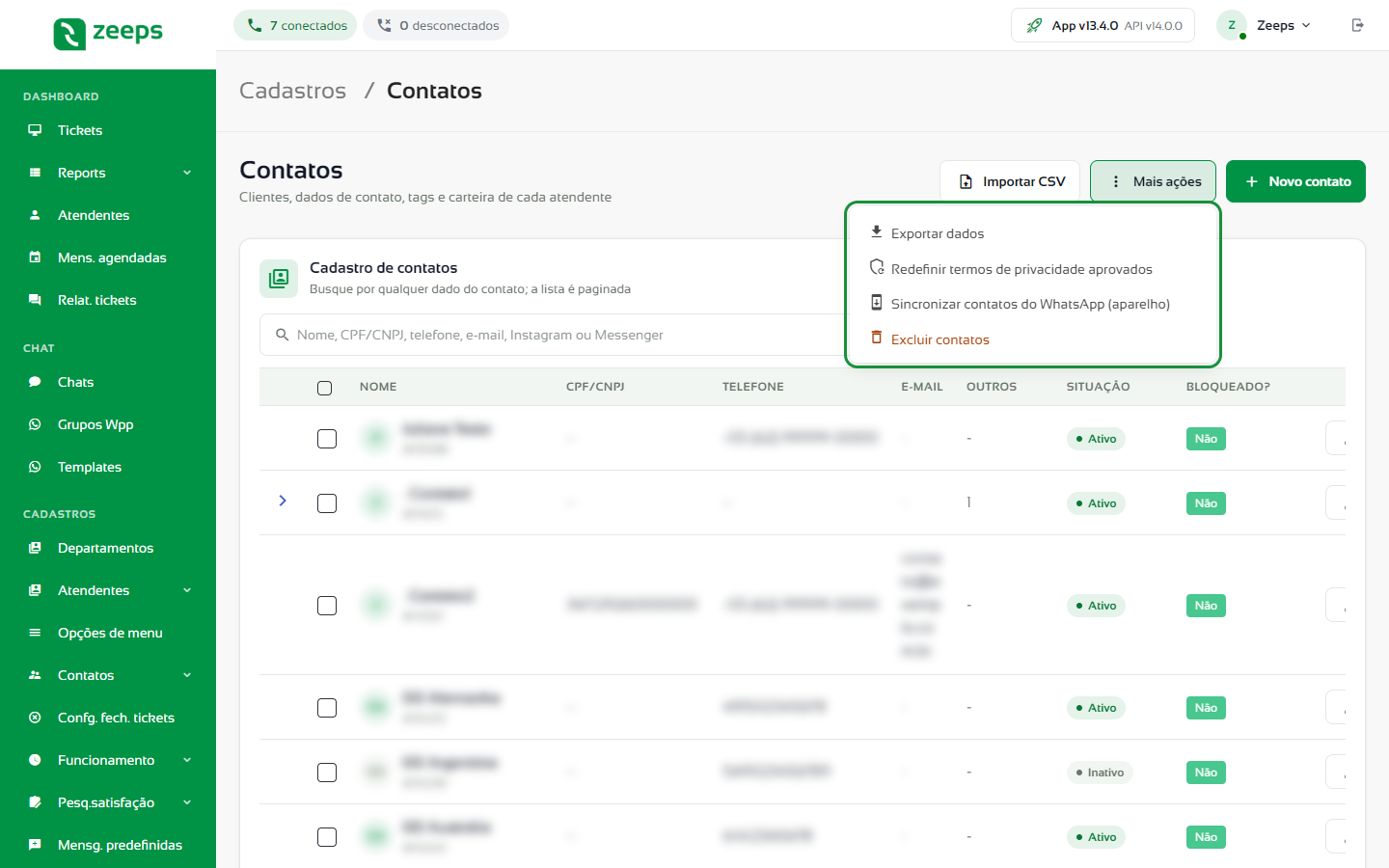 Menu Mais ações com exportar, termos de privacidade, sincronizar e excluir