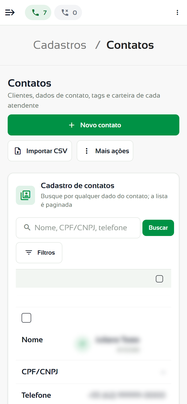 Tela Contatos no celular
