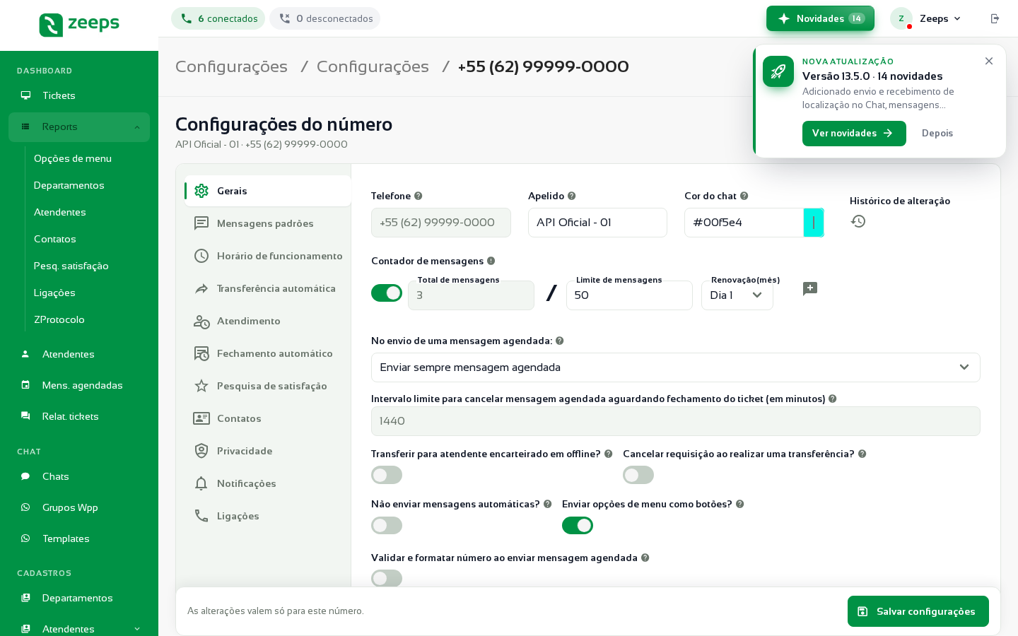 Aba Contatos das Configurações do número com a seção Campos personalizados do contato e o formulário de criação em destaque