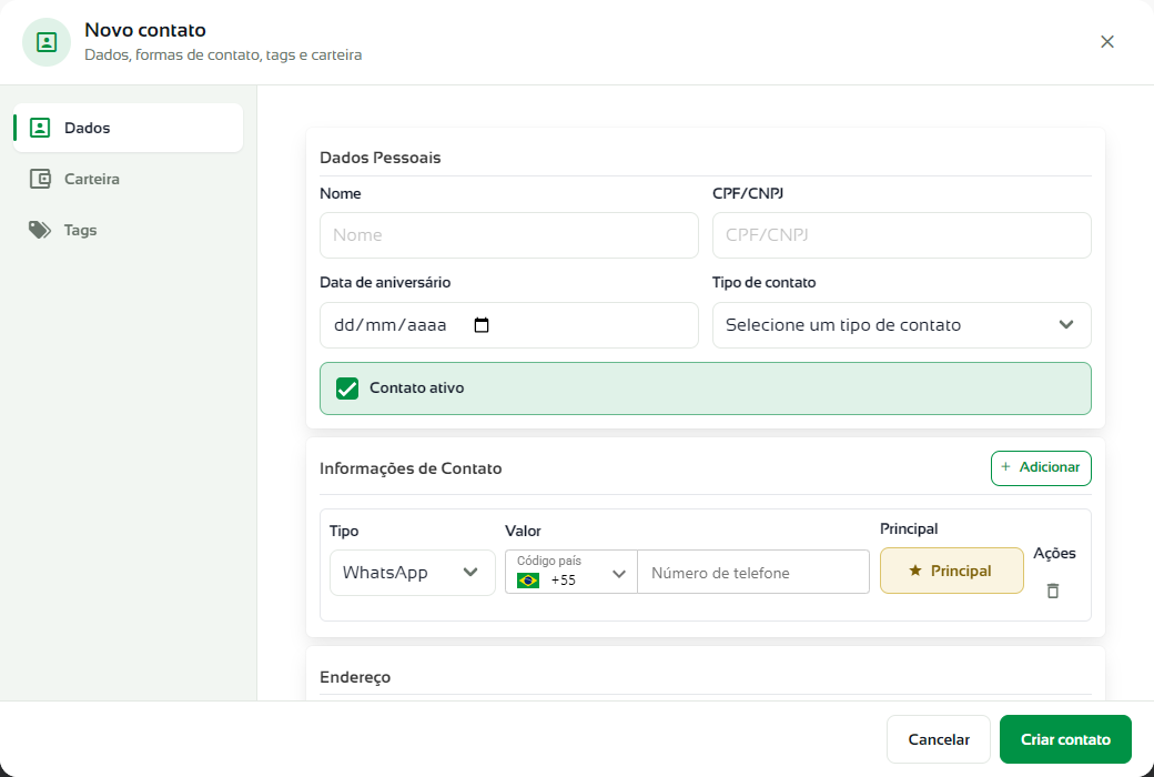 Aba Dados do novo contato com os dados pessoais e as informações de contato