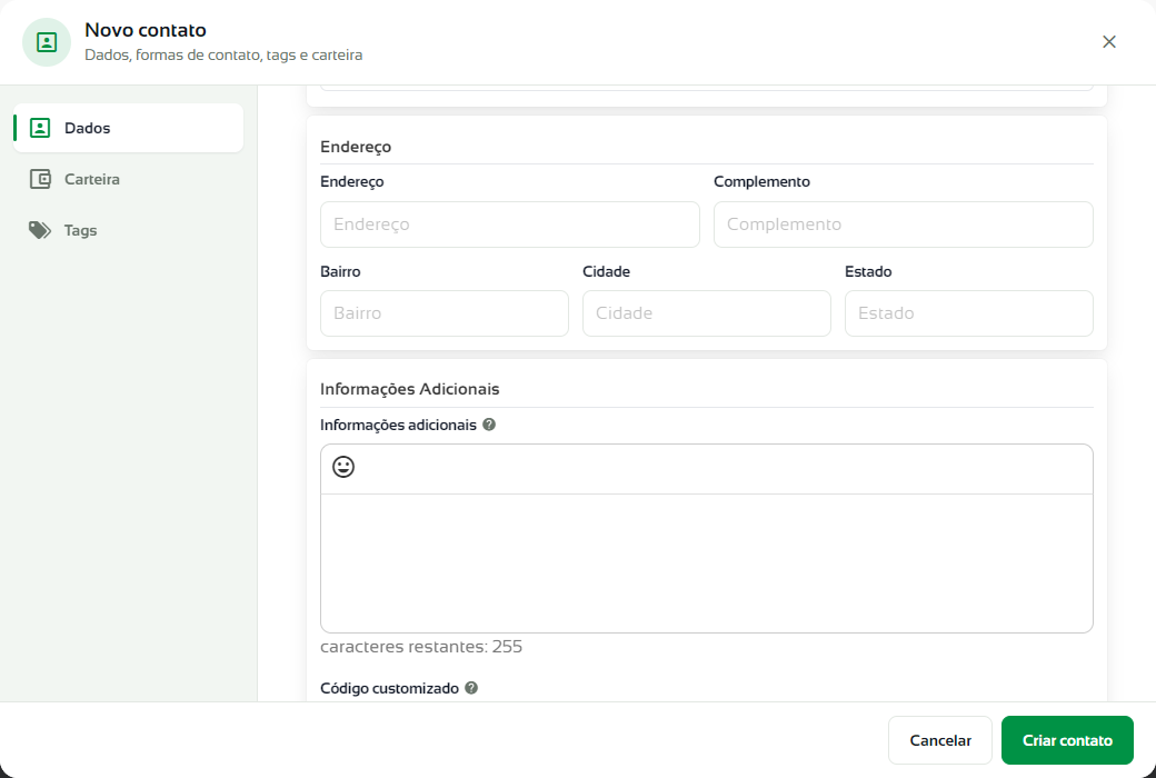 Endereço e informações adicionais do contato