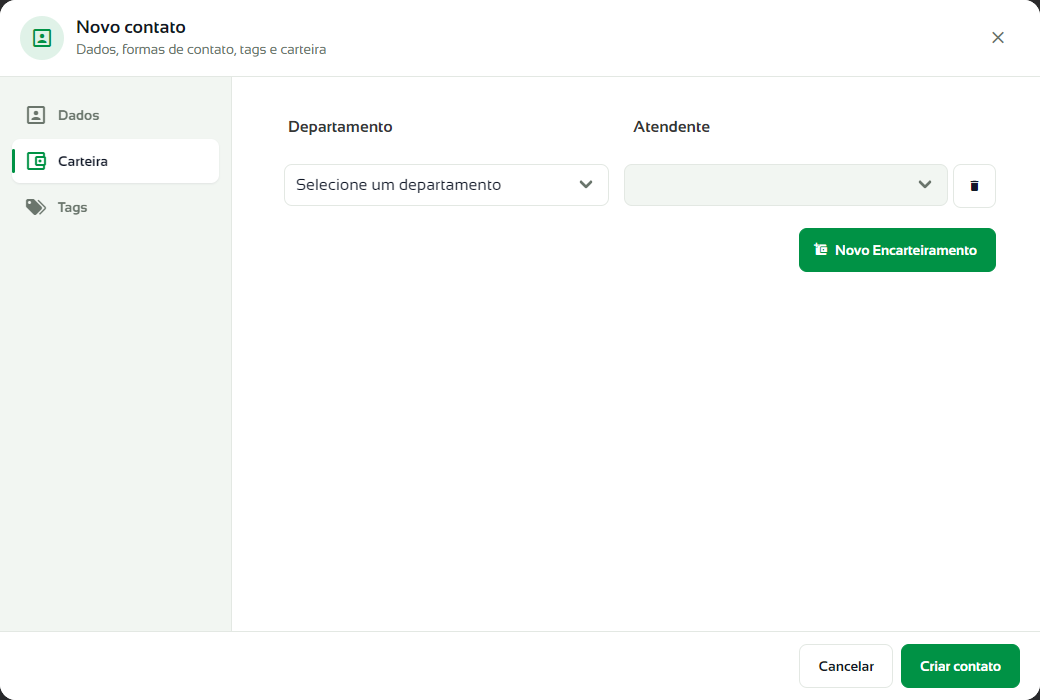 Aba Carteira com departamento e atendente