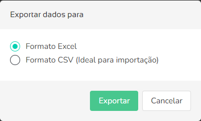 Janela Exportar dados para com os formatos Excel e CSV
