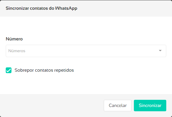 Janela Sincronizar contatos do WhatsApp com o número e a opção de sobrepor contatos