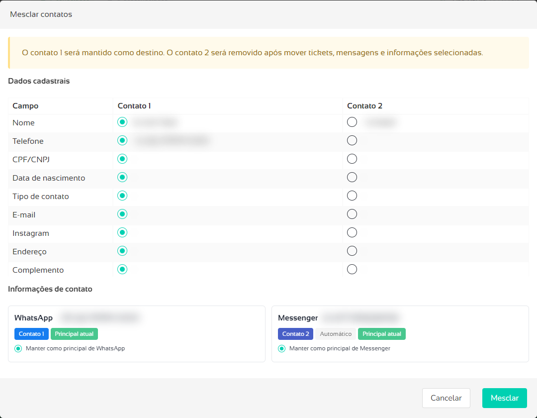 Janela Mesclar contatos com os dados cadastrais e as informações de contato