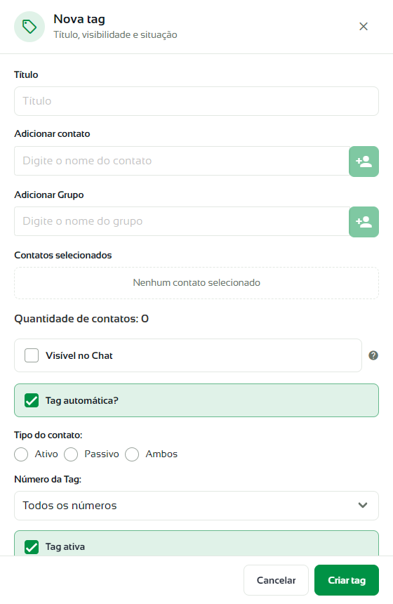 Janela Nova tag com a opção Tag automática marcada