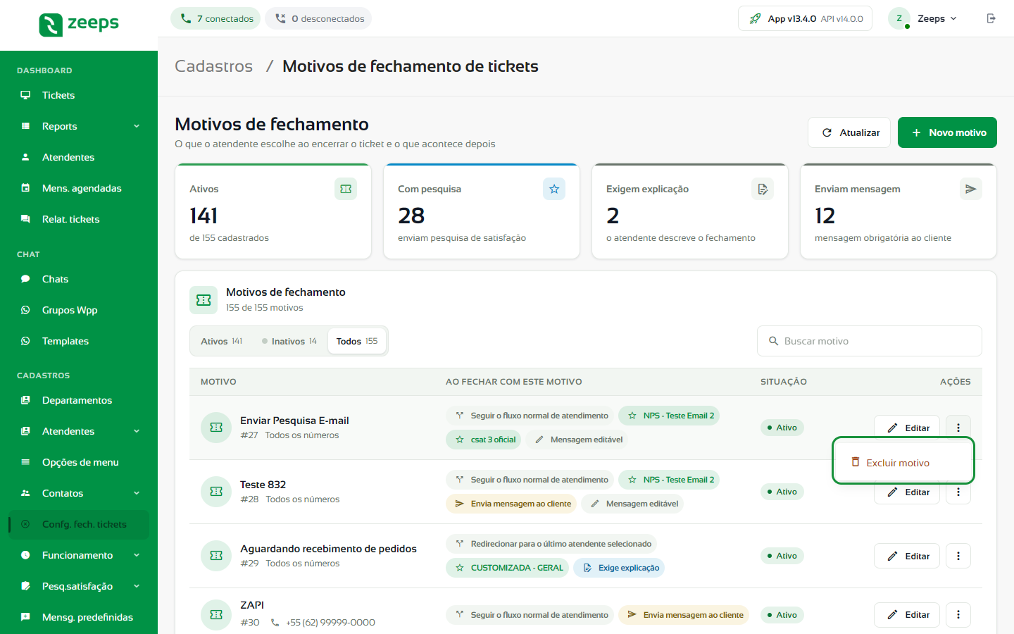 Menu de mais ações do motivo com a opção Excluir motivo