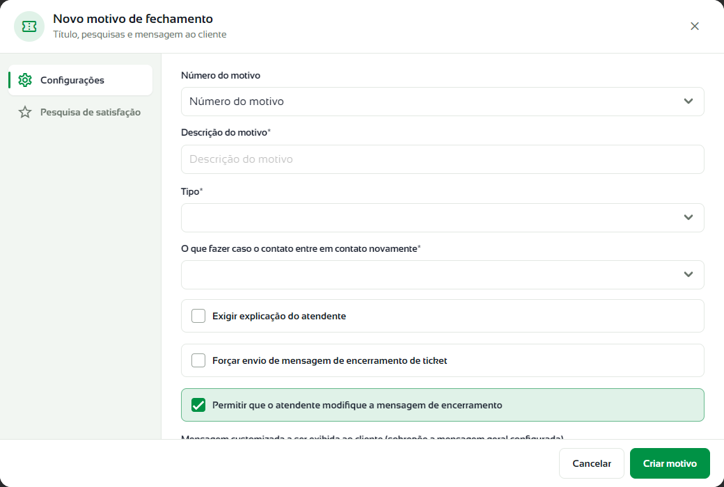 Aba Configurações do novo motivo de fechamento