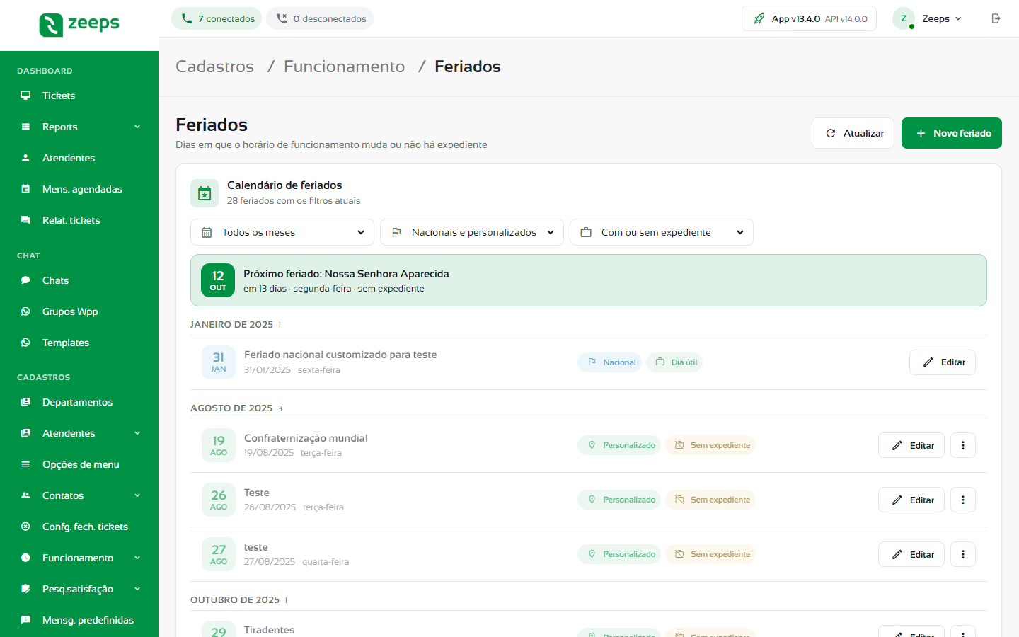 Tela Feriados com os filtros, o próximo feriado e o calendário por mês
