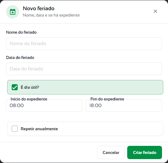 Janela Novo feriado com É dia útil marcado e o horário do expediente