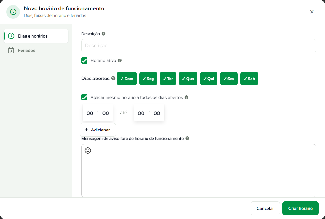 Janela Novo horário de funcionamento com dias abertos, faixa de horário e mensagem