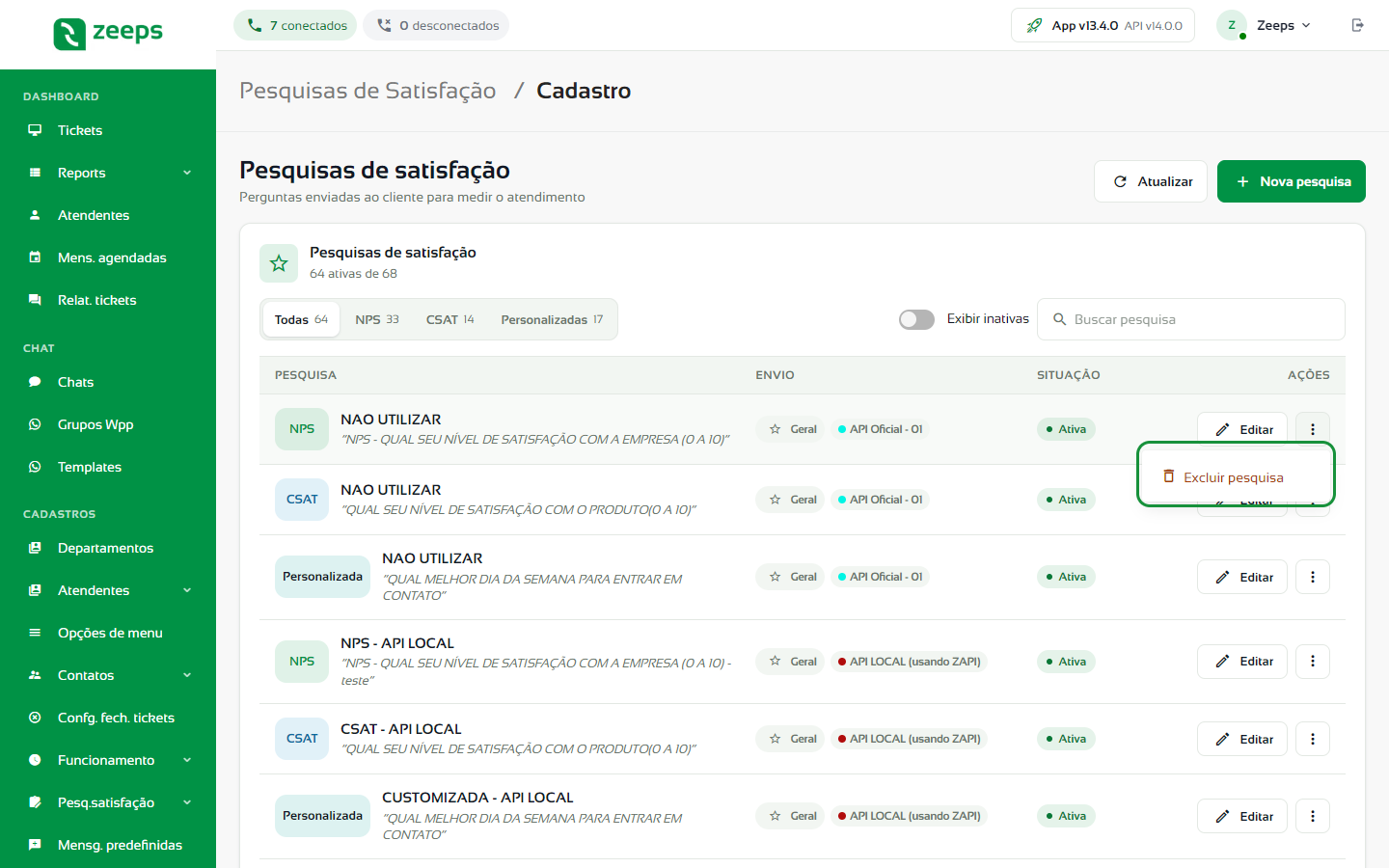 Menu de mais ações da pesquisa com a opção Excluir pesquisa em destaque