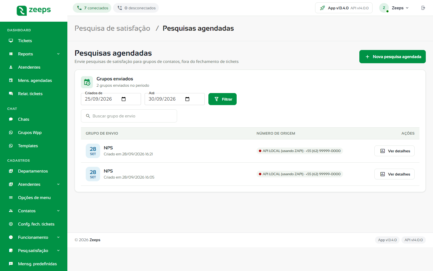 Tela Pesquisas agendadas com o filtro de datas, a busca e a lista de grupos enviados