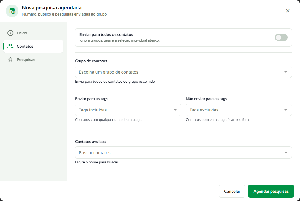 Etapa Contatos com Enviar para todos os contatos, grupo de contatos, tags incluídas e excluídas e contatos avulsos