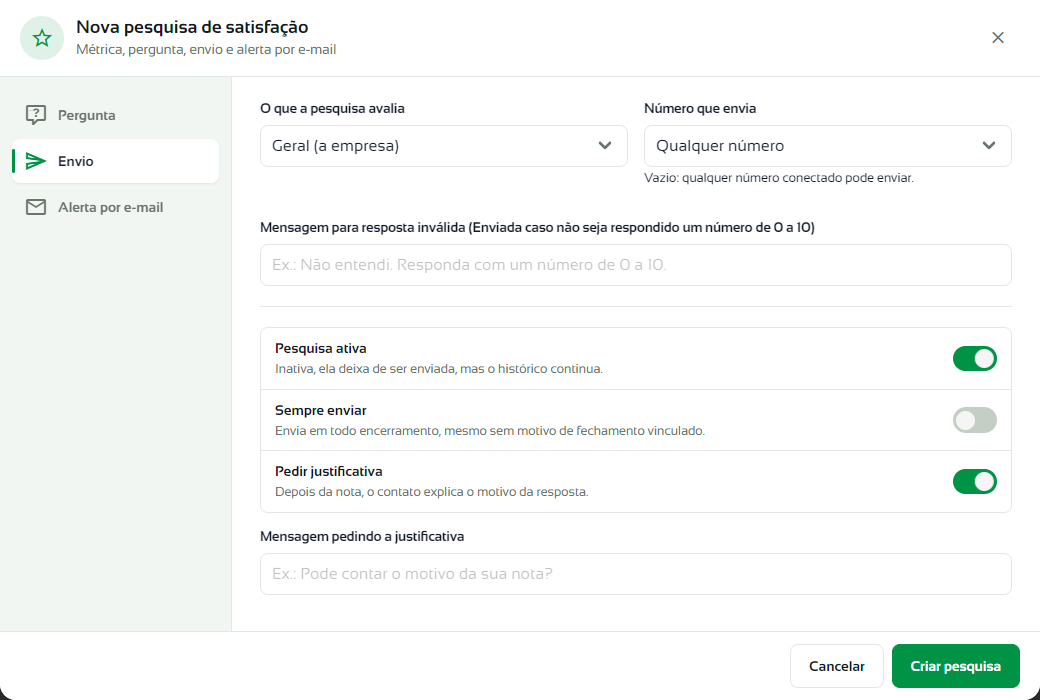Etapa Envio com o que a pesquisa avalia, o número que envia, a mensagem para resposta inválida e as opções