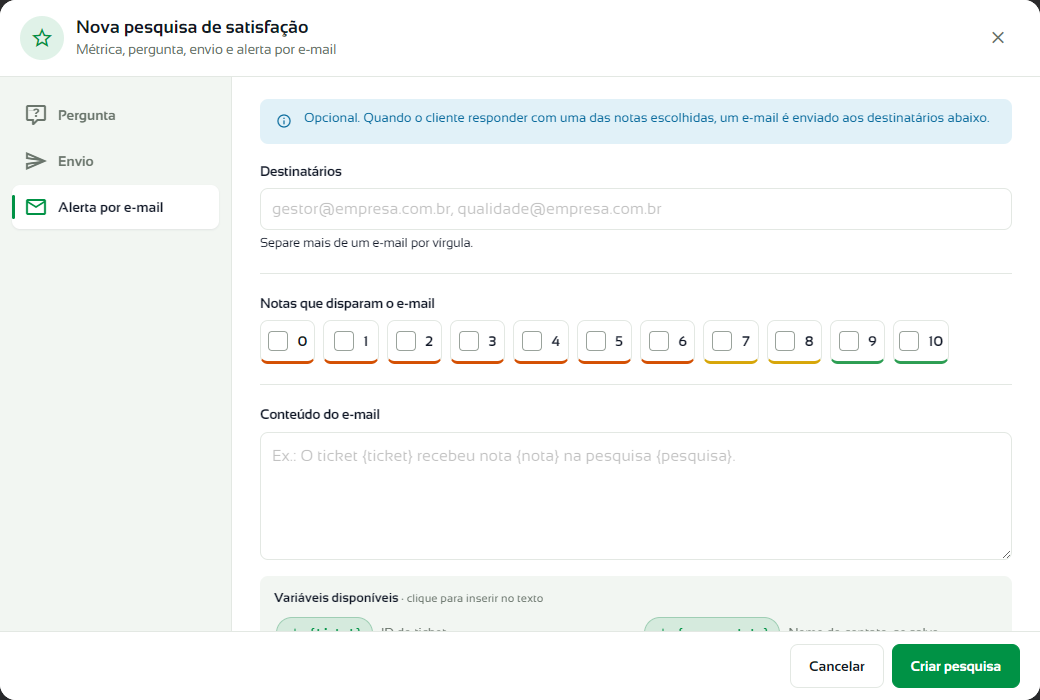 Etapa Alerta por e-mail com os destinatários, as notas de 0 a 10 e o conteúdo do e-mail