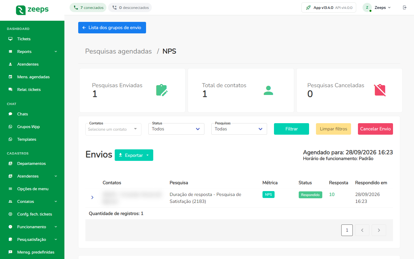 Detalhes do grupo de envio com os cartões, os filtros, o botão Exportar e a tabela de envios