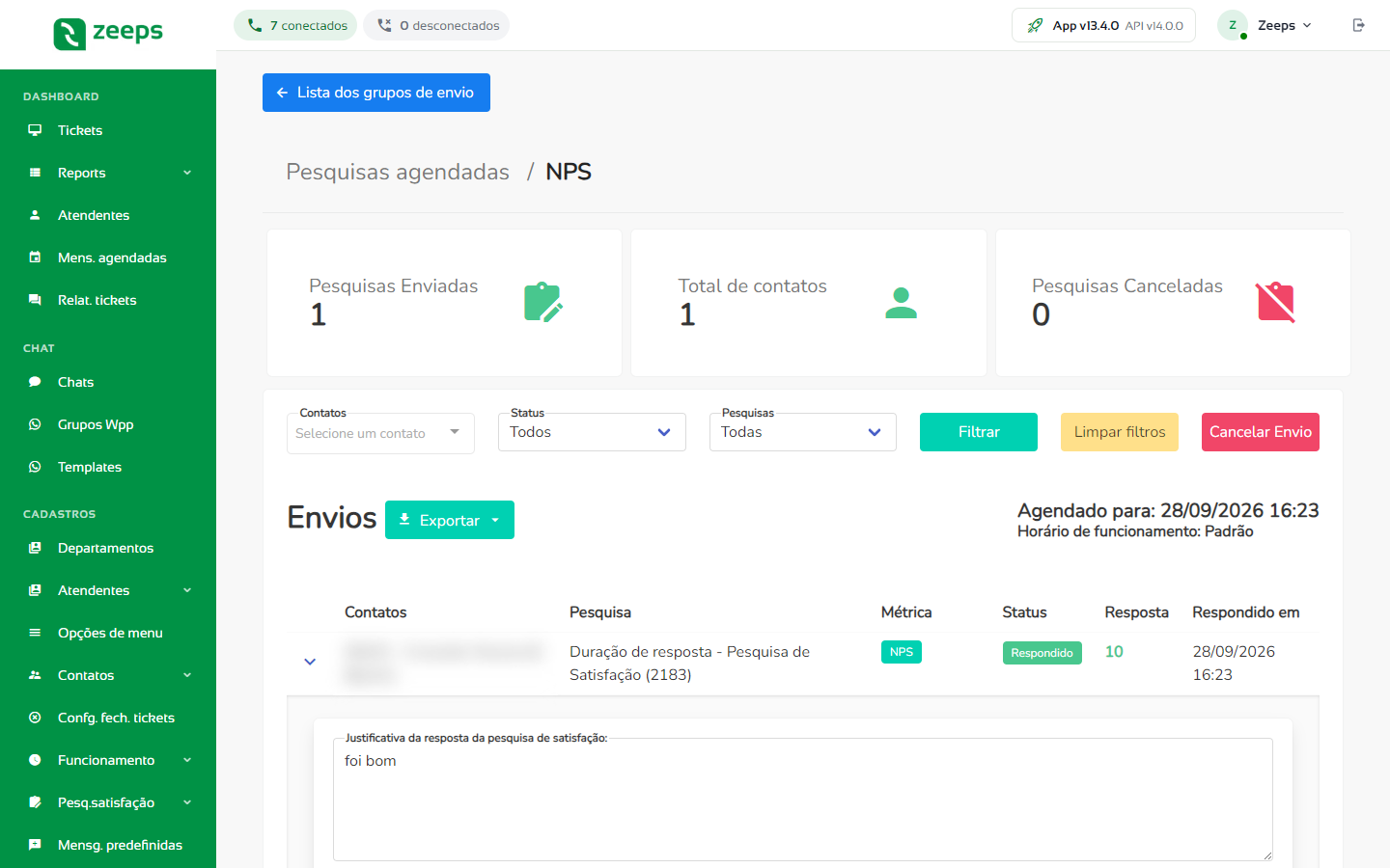 Linha de envio aberta com a justificativa da resposta do contato