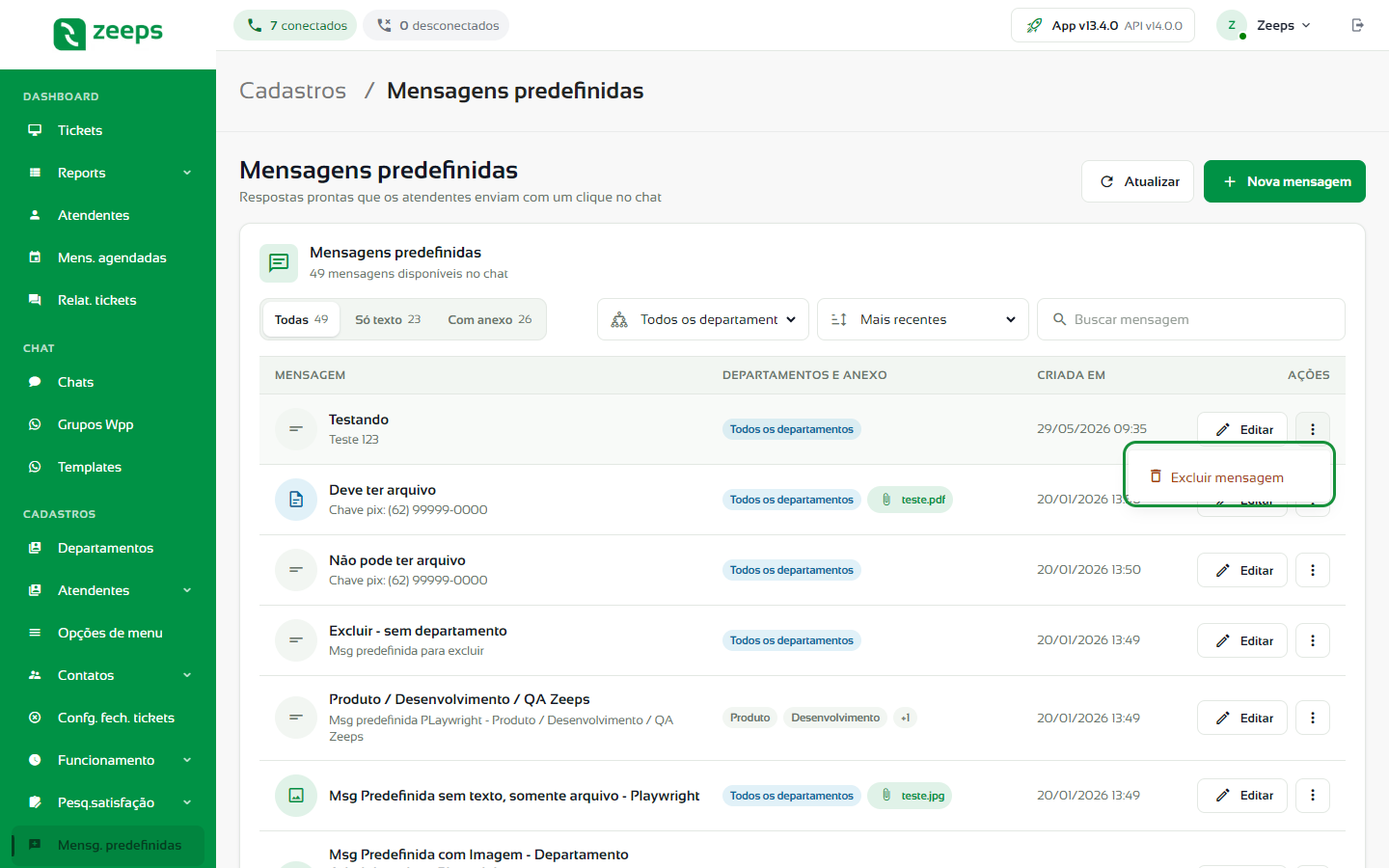 Menu de mais ações da mensagem com a opção Excluir mensagem em destaque