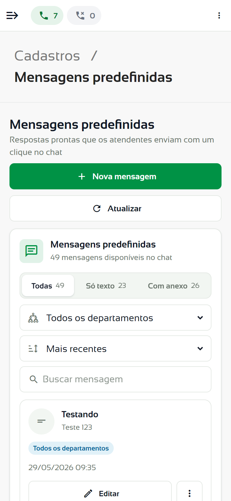 Mensagens predefinidas no celular, com as abas, os filtros e o cartão de uma mensagem