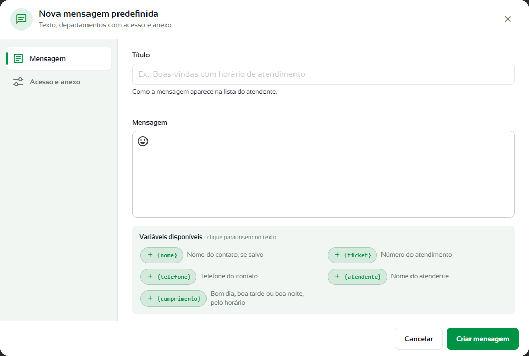 Etapa Mensagem com o título, o texto e as variáveis disponíveis