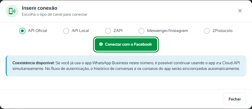 Janela Inserir conexão com a opção API Oficial e o botão Conectar com o Facebook em destaque